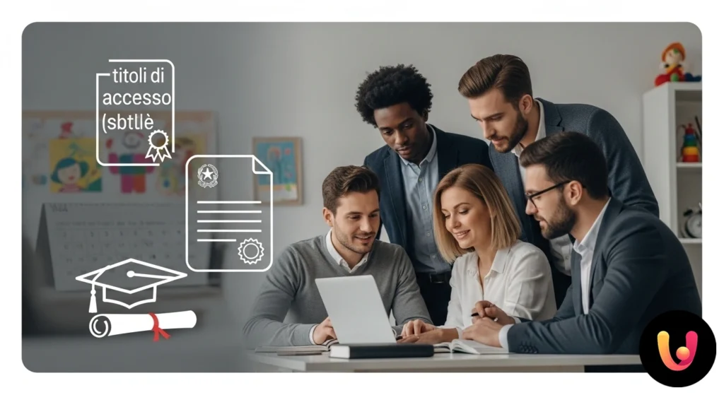 Docente di scuola dell'infanzia durante un'attivit&agrave; didattica con un gruppo di bambini in un'aula luminosa e colorata.