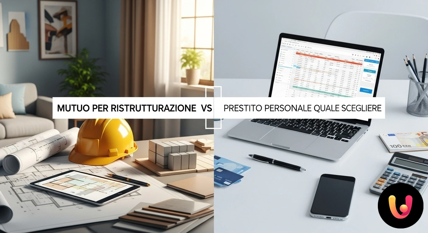 Mutuo Ristrutturazione vs Prestito Personale: Guida alla scelta migliore per te Persona indecisa a un bivio con due cartelli stradali opposti: 'mutuo ristrutturazione' e 'prestito personale'.