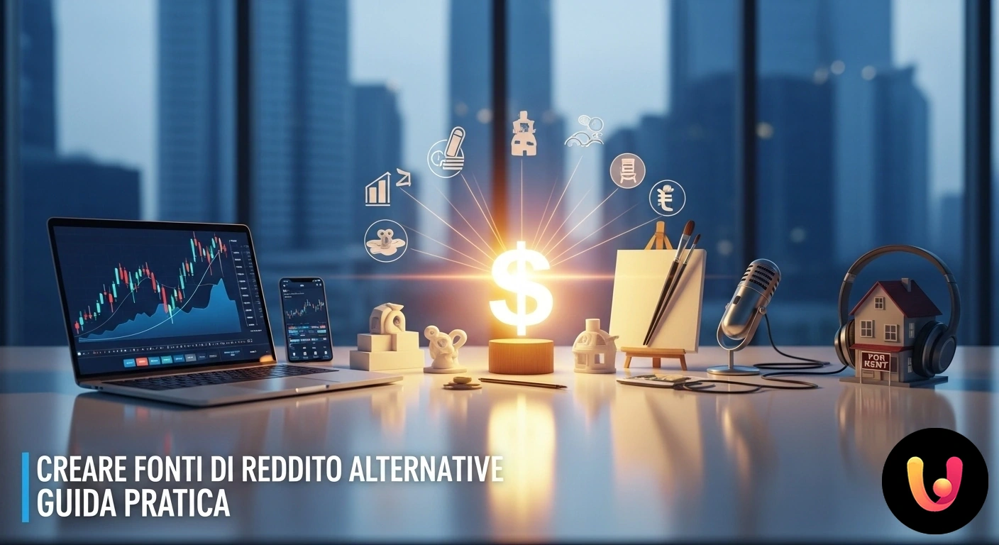 Diversifica le tue entrate: scopri come creare fonti di reddito alternative. Diagramma con percorsi multipli che si diramano da una fonte centrale verso icone rappresentanti diverse attività economiche.