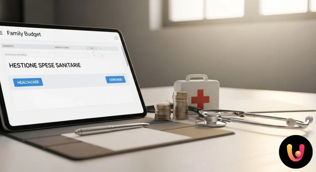 Mani che usano una calcolatrice accanto a fatture mediche e un salvadanaio, simboleggiando la pianificazione finanziaria per