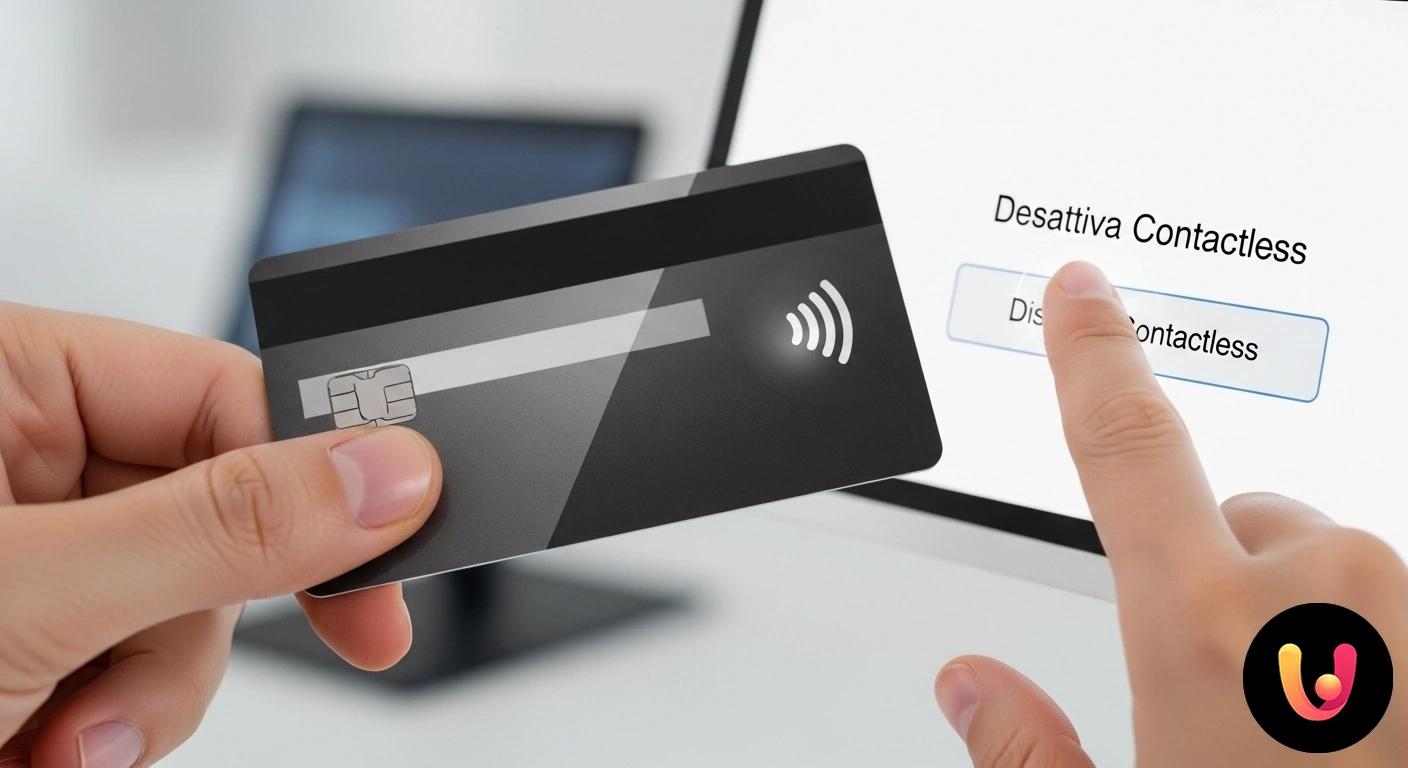 Disattivare contactless: guida completa per la sicurezza della tua carta. Mano che tiene una carta di credito con un simbolo di divieto sopra l'icona del pagamento contactless.