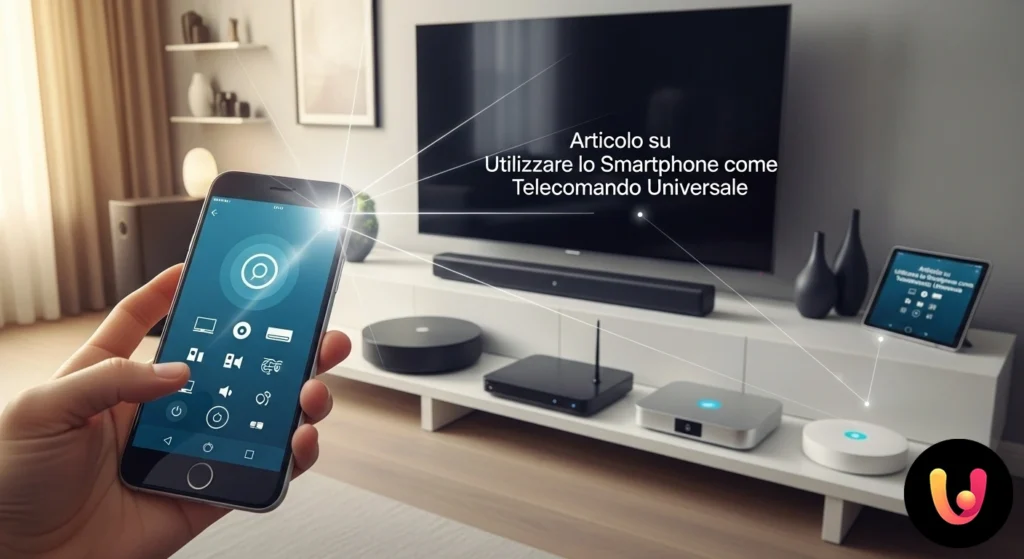 Smartphone als Fernbedienung: Die Anleitung, um alles zu steuern Hand, die ein Smartphone mit geöffneter Fernbedienungs-App hält, gerichtet auf einen eingeschalteten Fernseher im Wohnzimmer.