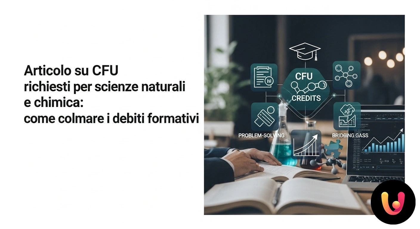 Guida ai CFU per Scienze e Chimica: come recuperare i crediti formativi per l'iscrizione. Molecole stilizzate e formule matematiche si collegano a un'icona universitaria, a simboleggiare il percorso per colmare i de