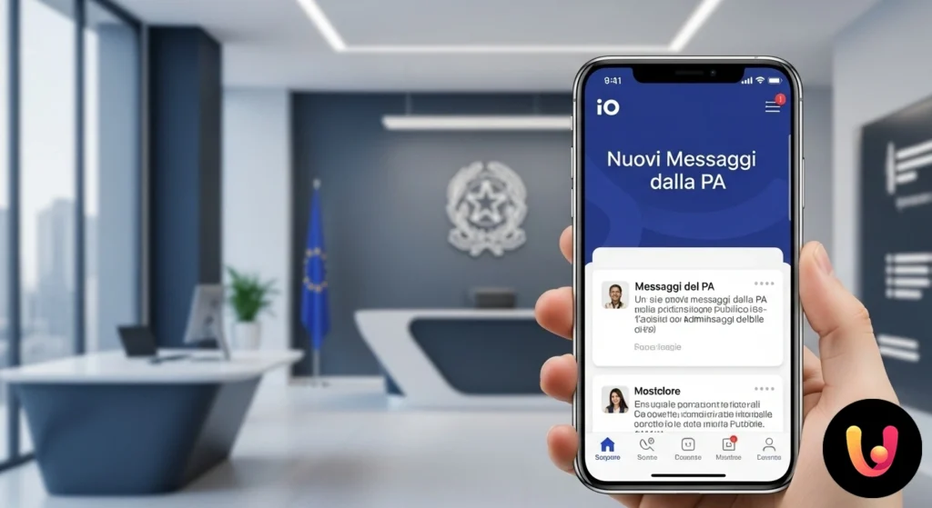 Schermata di uno smartphone che mostra l'interfaccia dell'app io con un elenco di messaggi non letti dalla pubblica amministr