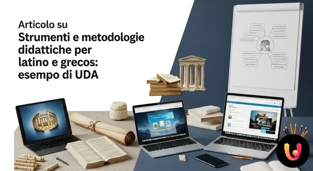 Pergamena antica con testo in latino accanto a un tablet moderno che mostra un'applicazione per lo studio delle lingue classi