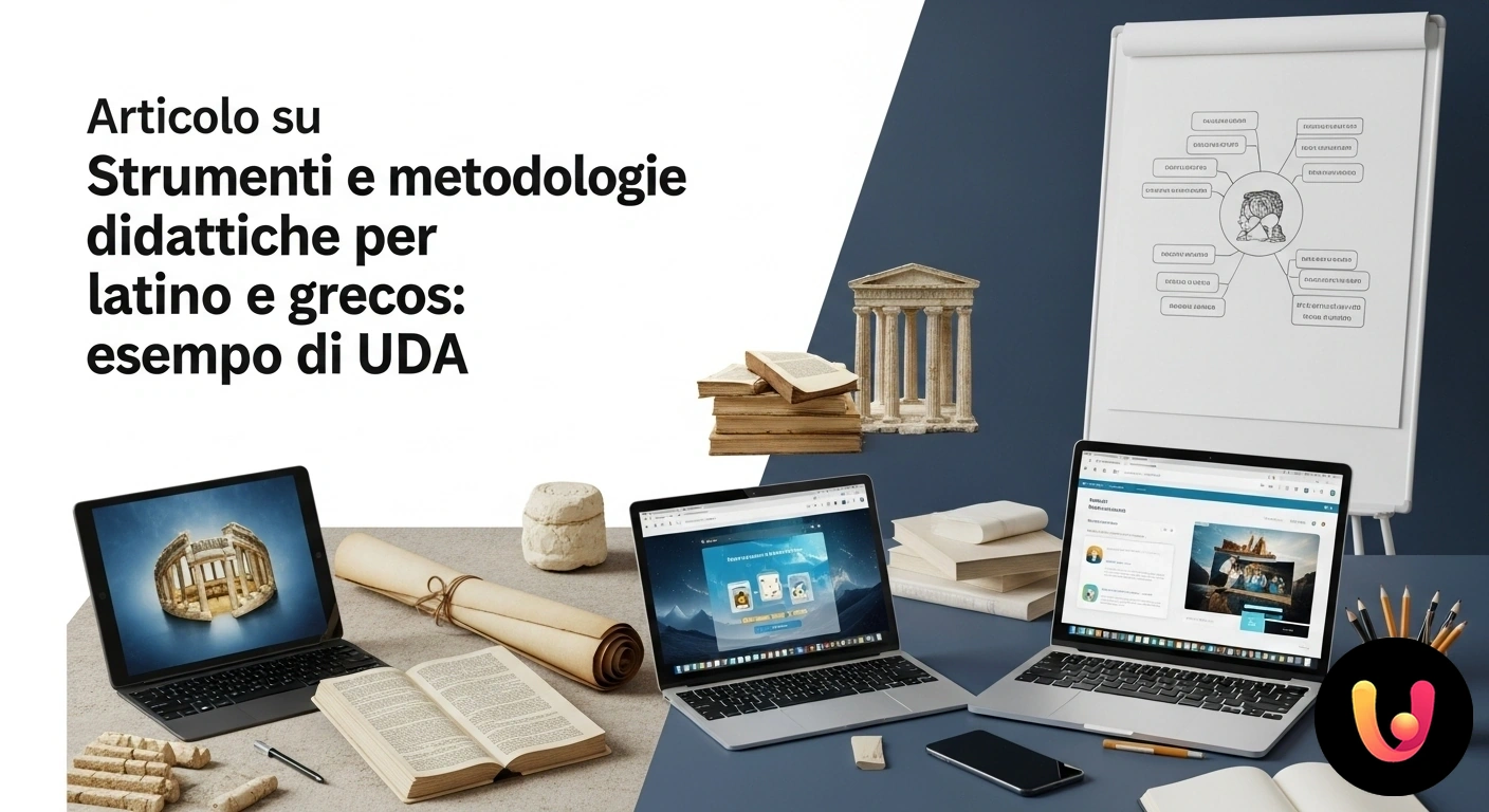 Didattica innovativa per latino e greco: tra tradizione e tecnologia Pergamena antica con testo in latino accanto a un tablet moderno che mostra un'applicazione per lo studio delle lingue classi