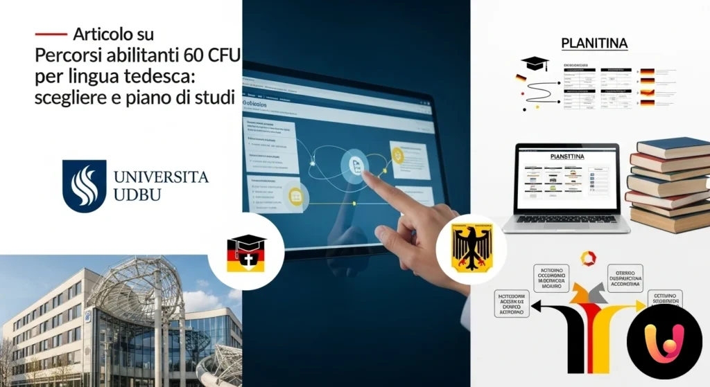 Persona che confronta su un laptop i piani di studio di vari atenei per i percorsi abilitanti in lingua tedesca.