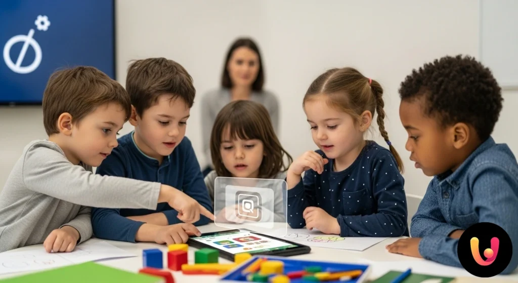 Bambina in età prescolare con cuffie interagisce con un'applicazione didattica su un tablet, sotto la supervisione di un adul