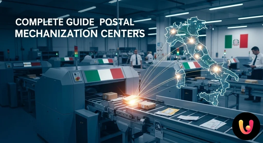 Interno di un centro smistamento postale con macchinari automatizzati e nastri trasportatori in funzione per la movimentazion