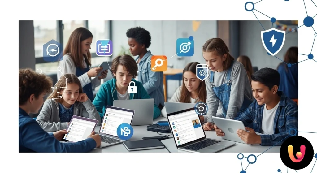 Studenti di scuola secondaria di primo grado collaborano in un'aula moderna utilizzando tablet e computer portatili.