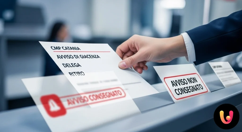 CMP Catania: giacenza, delega, avviso smarrito Primo piano di un avviso di giacenza che informa della mancata consegna di una spedizione postale.