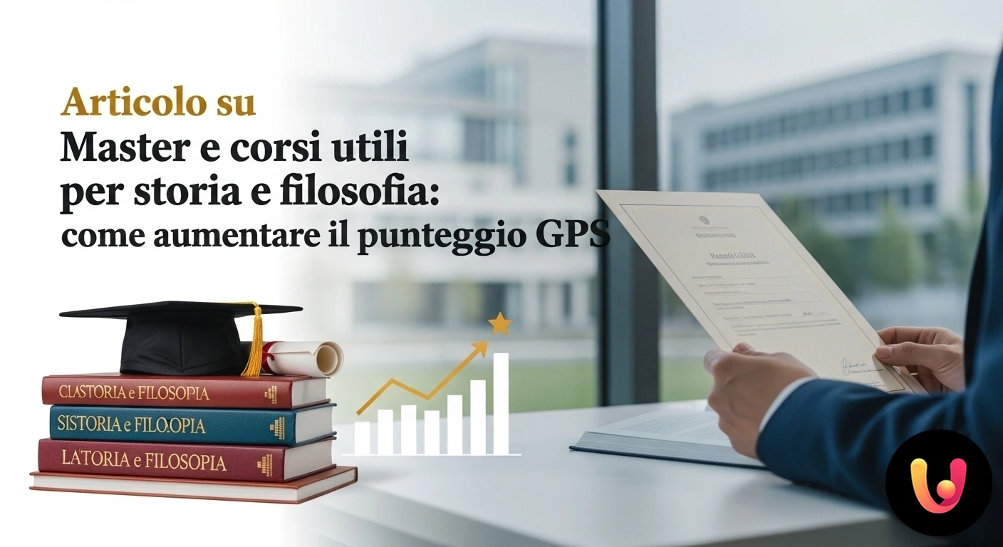 Master e corsi per aumentare il punteggio GPS in storia e filosofia. Libri antichi di storia e filosofia accanto a un tocco di laurea e una freccia che indica una crescita.