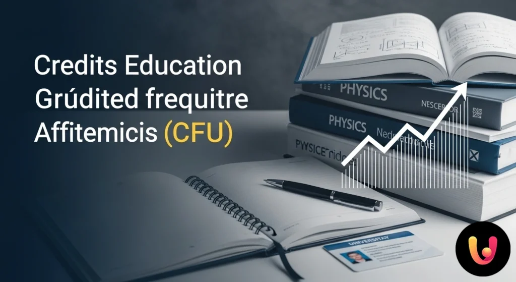 Studente universitario consulta un libro di fisica e un portale accademico su laptop per pianificare il recupero dei crediti.