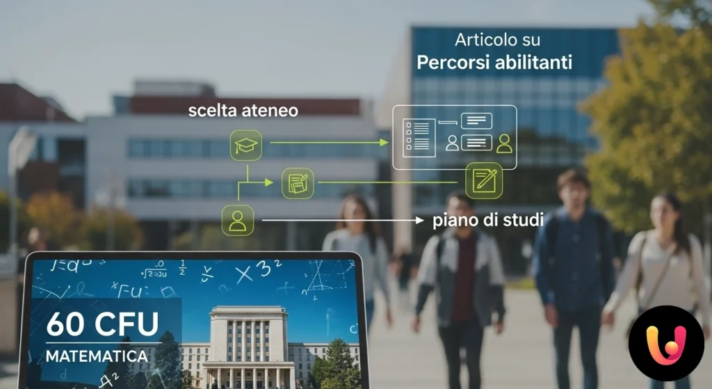 Studente davanti a una lavagna con formule matematiche e schemi che rappresentano la scelta del piano di studi universitario.