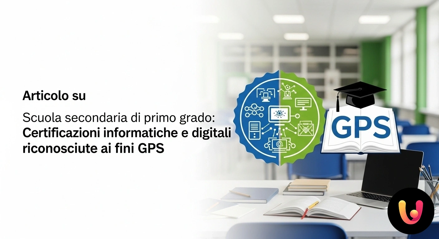 Certificazioni informatiche per aumentare il punteggio GPS Docente in un'aula moderna indica icone di competenze digitali e certificazioni informatiche su uno schermo.