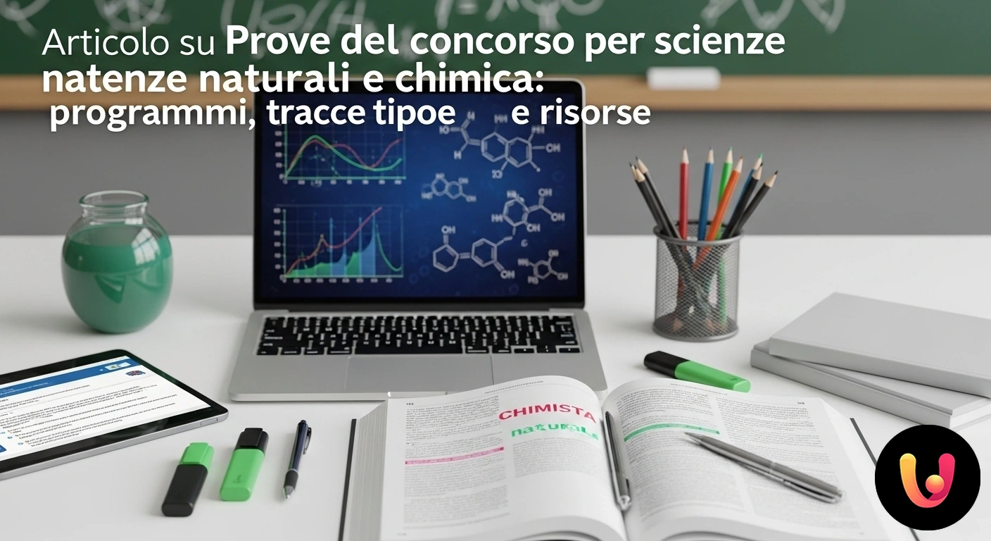 Guida alle prove del concorso per scienze naturali e chimica. Scrivania con libri di testo di chimica, modelli molecolari e schede di biologia per la preparazione a un esame.