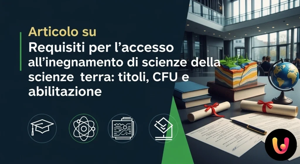 Insegnare Scienze della Terra: Guida a Titoli, CFU e Abilitazione Docente indica una mappa geologica del territorio italiano, con libri di testo e campioni di minerali sulla scrivania.