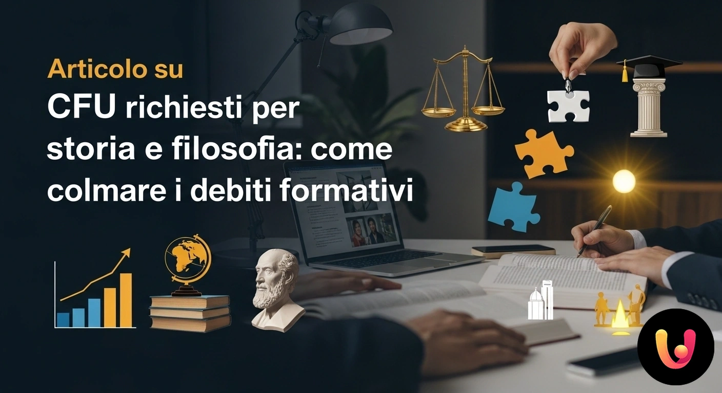 Guida al recupero CFU per storia e filosofia: colma i tuoi debiti formativi. Libri di storia e filosofia su una scrivania accanto a un laptop che mostra un piano di studi universitario per il recupero c