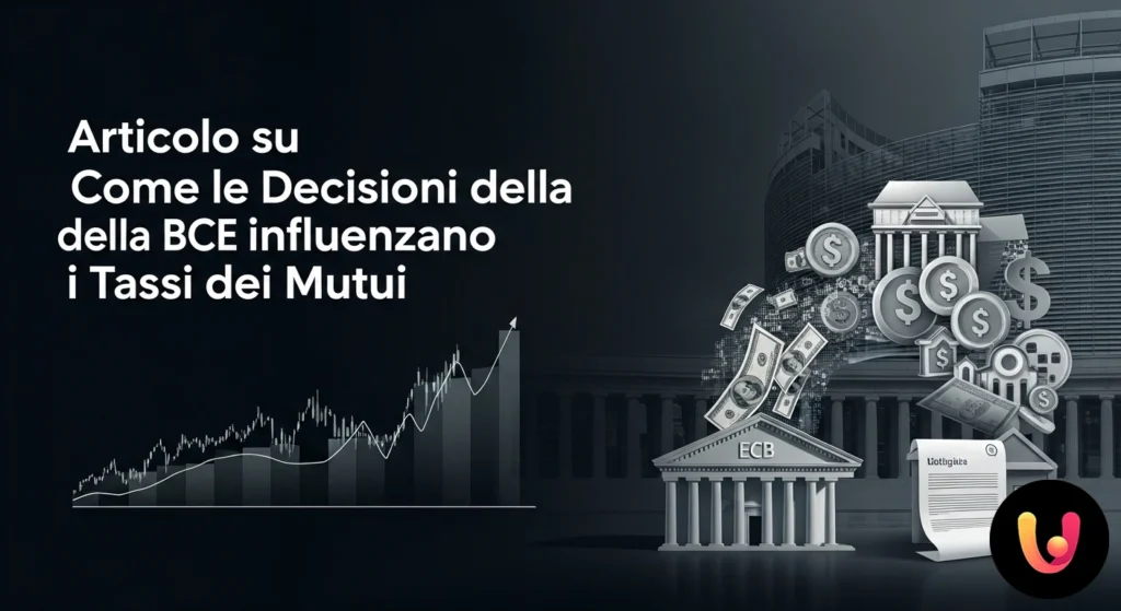 European Central Bank building connected to a house by a graphic line representing rate fluctuations