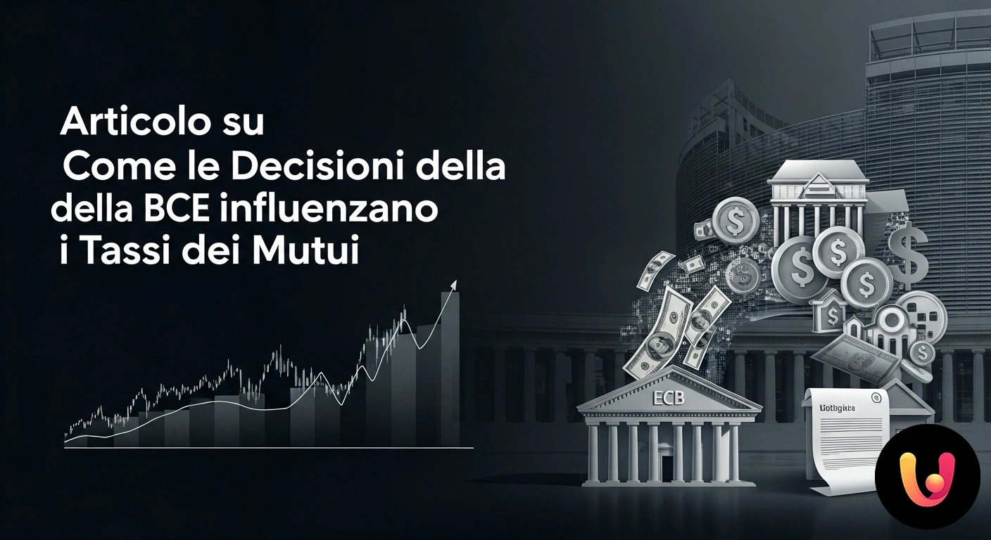 Come le decisioni della BCE impattano sul tuo mutuo: una guida chiara. Edificio della banca centrale europea collegato a una casa tramite una linea grafica che rappresenta la fluttuazione dei tass