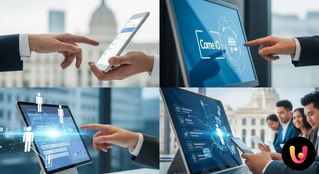 IO: la PA a portata di mano. La rivoluzione è qui Smartphone con il logo dell'app io in primo piano e un edificio stilizzato della pubblica amministrazione sullo sfondo.