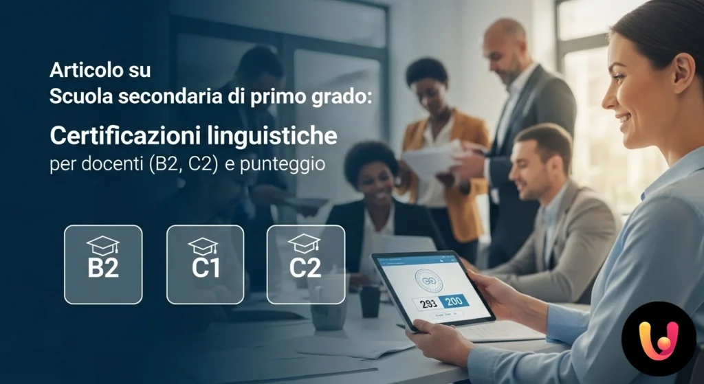 Docente di fronte a una lavagna con i livelli di certificazione linguistica b2, c1, c2 e bandiere di diverse nazioni.