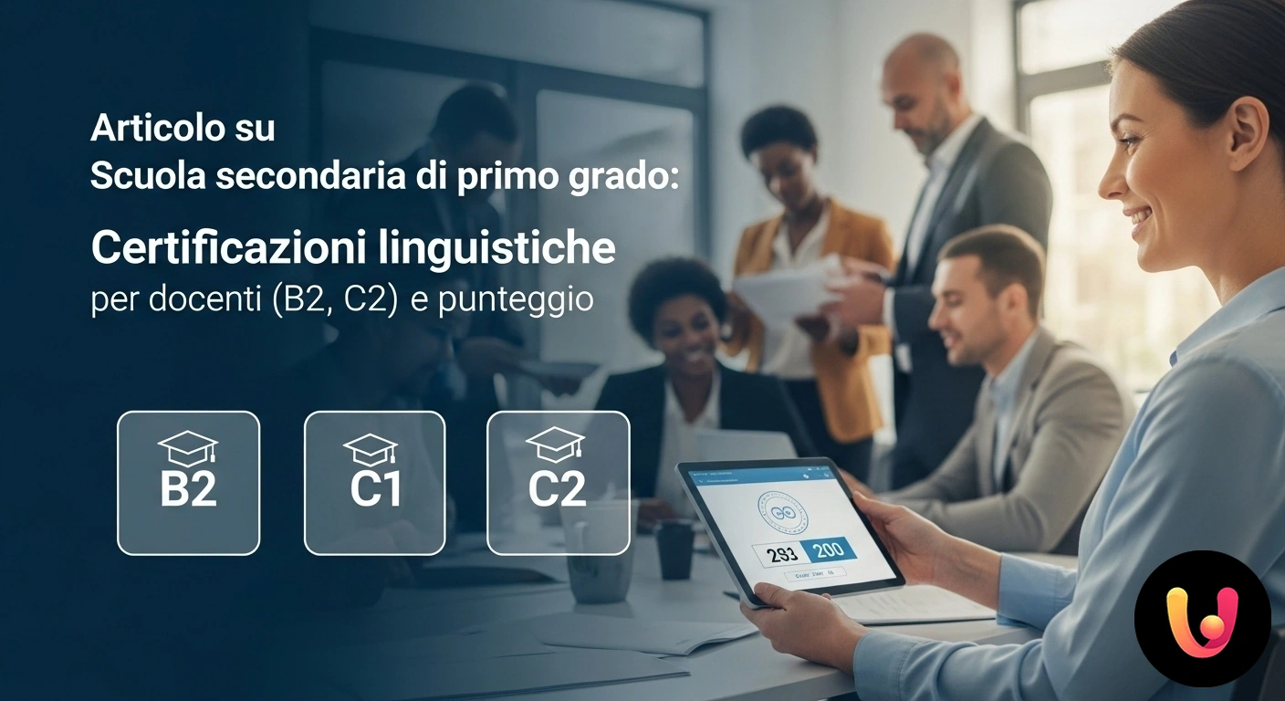 Certificazioni linguistiche docenti: aumenta il tuo punteggio in graduatoria. Docente di fronte a una lavagna con i livelli di certificazione linguistica b2, c1, c2 e bandiere di diverse nazioni.