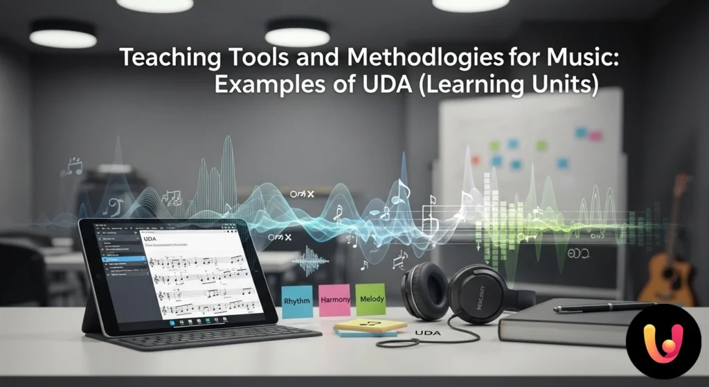 Spartito musicale su tablet digitale affiancato da strumenti didattici, simbolo di metodologie di insegnamento integrate.