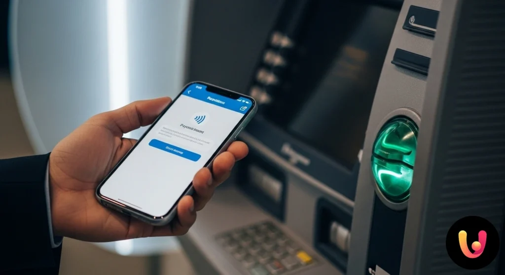 Mano che avvicina una carta di credito al lettore nfc di uno sportello atm per avviare un prelievo contactless.