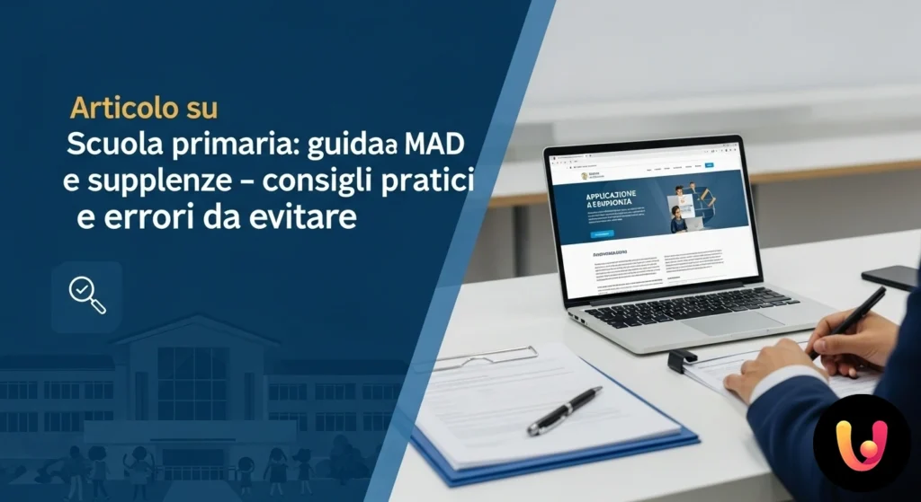 MAD e Supplenze Primaria: Guida Completa, Errori da Evitare Insegnante sorridente in un'aula di scuola primaria colorata, mentre prepara il materiale didattico sulla cattedra.