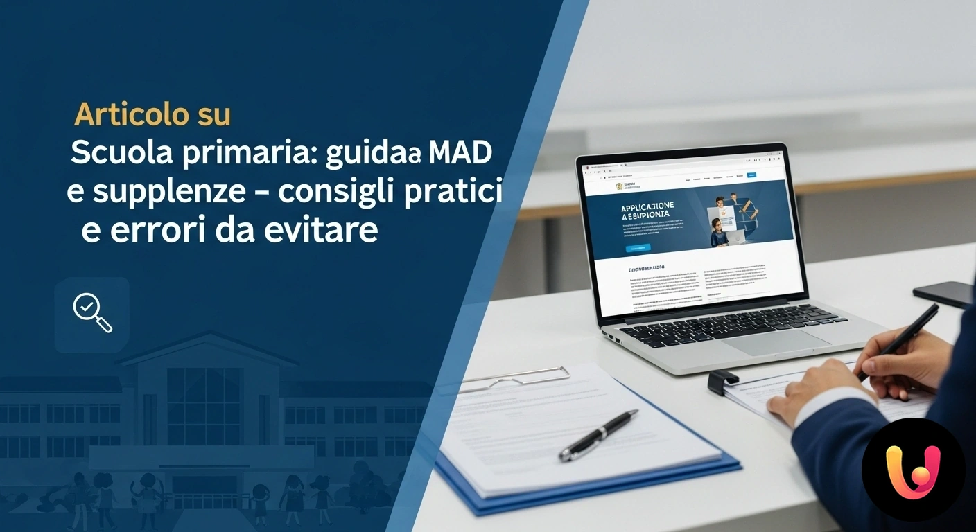 Guida a MAD e supplenze nella scuola primaria: consigli pratici Insegnante sorridente in un'aula di scuola primaria colorata, mentre prepara il materiale didattico sulla cattedra.