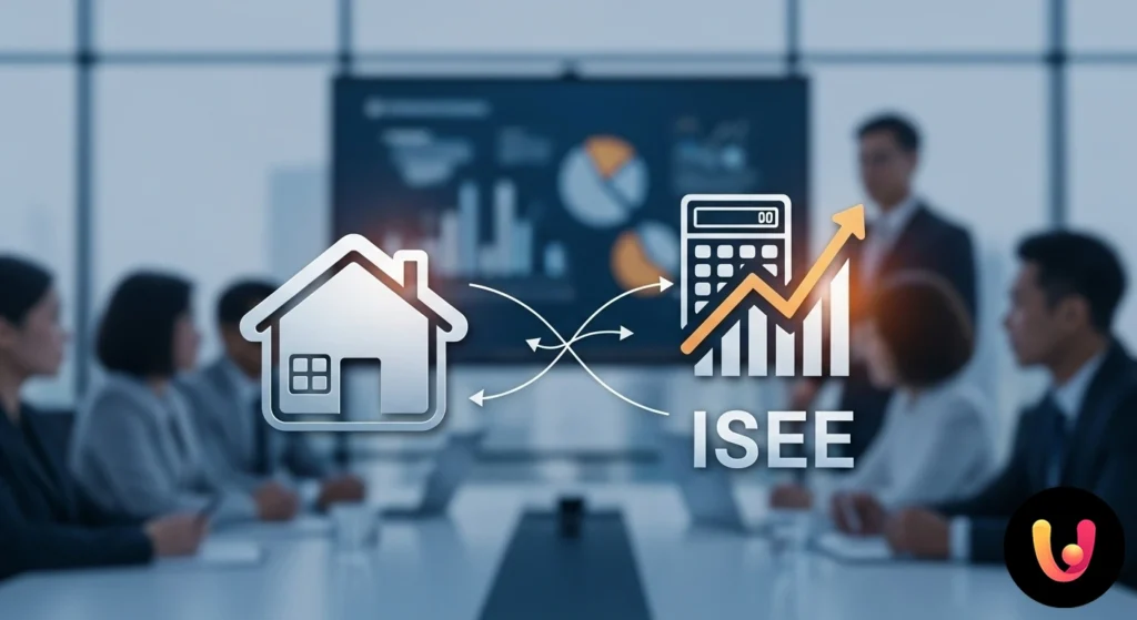 Pareja sentada en un escritorio examinando documentos financieros para el cálculo del ISEE de la hipoteca, usando una calculadora.