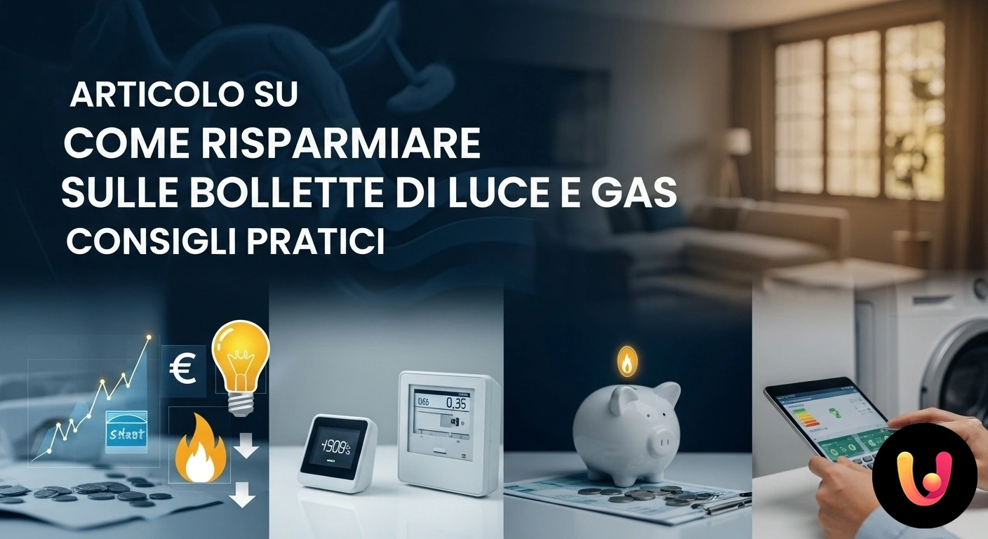 Guida completa per tagliare i costi delle bollette di luce e gas. Salvadanaio a forma di maialino posizionato tra una lampadina luminosa e un'icona stilizzata di una fiamma di gas.