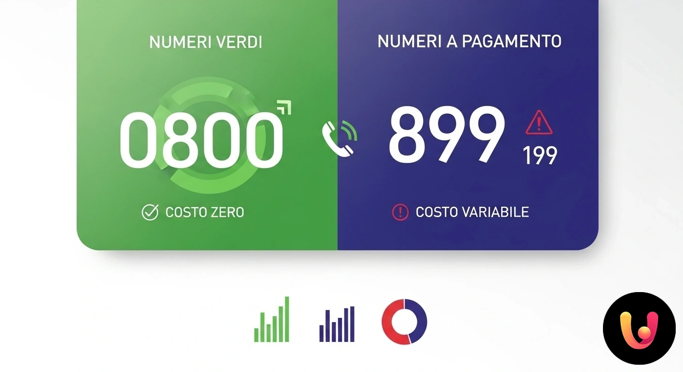 Numeri Verdi e a Pagamento: Guida per Riconoscerli e Evitare Costi Mano tiene smartphone con due opzioni: chiamata a numero verde gratuita e chiamata a numero a pagamento con icona euro.