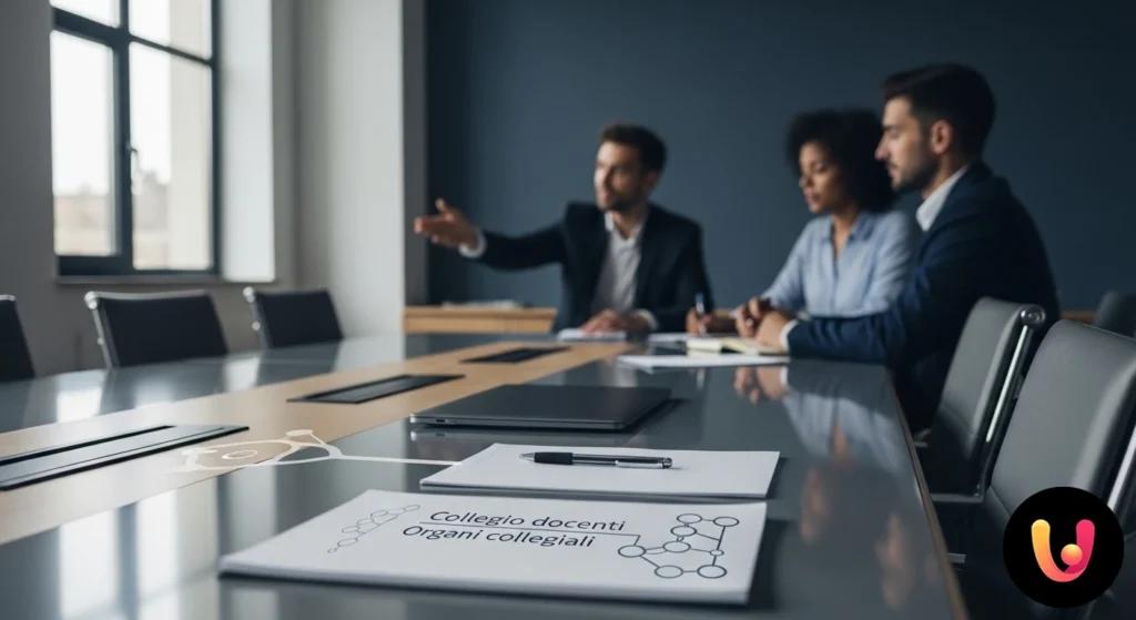 Docenti in riunione collegiale discutono e analizzano documenti ufficiali attorno a un tavolo.