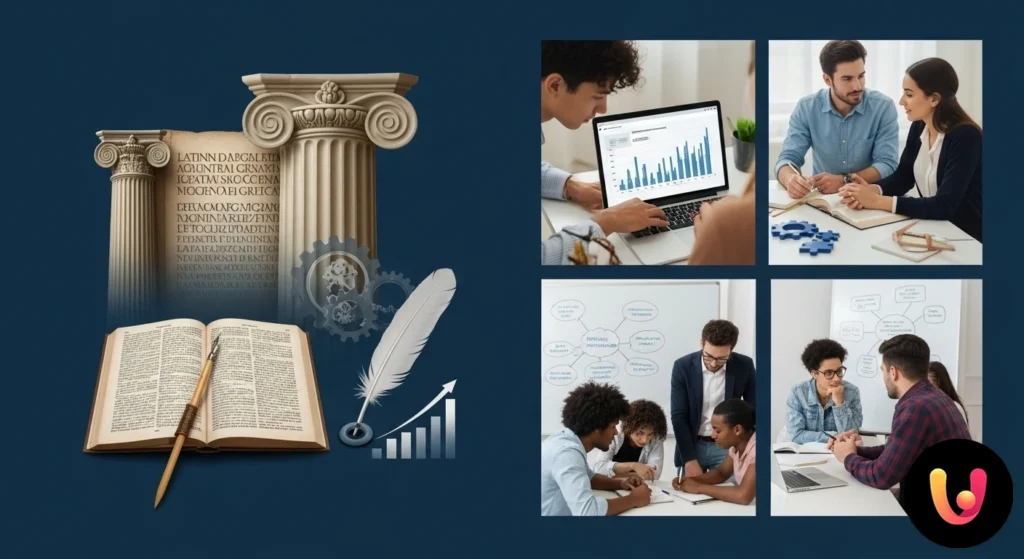 Gruppo di studenti liceali collabora attorno a un tavolo con libri di testo classici aperti per un progetto formativo.