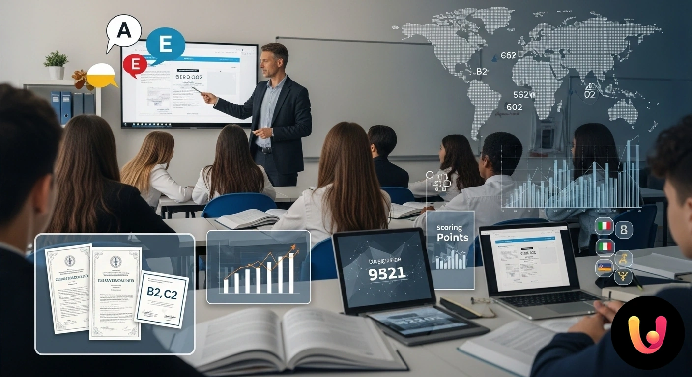 Certificazioni linguistiche docenti (B2, C1, C2): aumenta il tuo punteggio in graduatoria. Docente che indica su una lavagna i livelli di competenza linguistica b2, c1 e c2 del quadro comune europeo di riferimento.