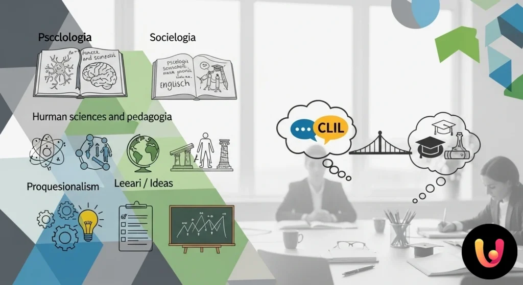 Mappa concettuale su una lavagna che collega termini di scienze umane e pedagogia in diverse lingue, usata in una lezione cli
