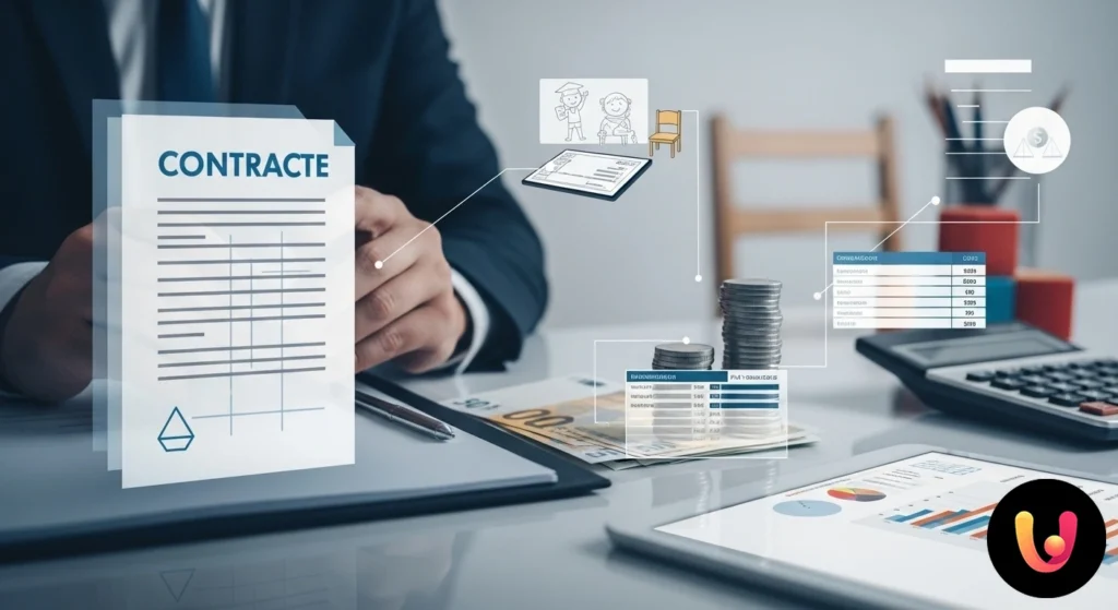 Documento contrattuale con tabelle di calcolo retributivo, affiancato da una calcolatrice e una penna su una scrivania.