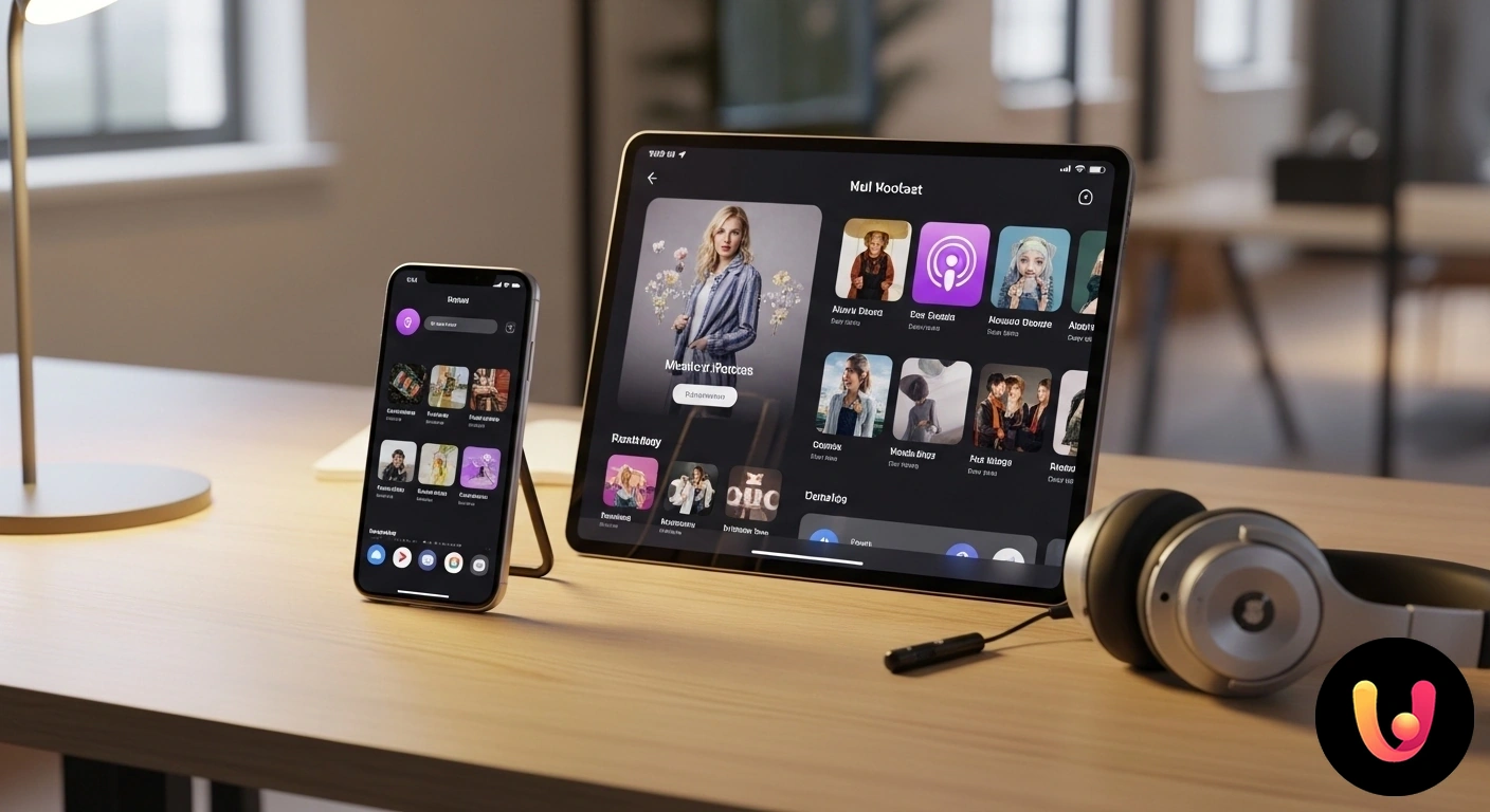 Le Migliori App per Musica e Podcast: La Guida Definitiva Smartphone che mostra le icone di app per musica e podcast, tenuto in mano da una persona che indossa cuffie audio.