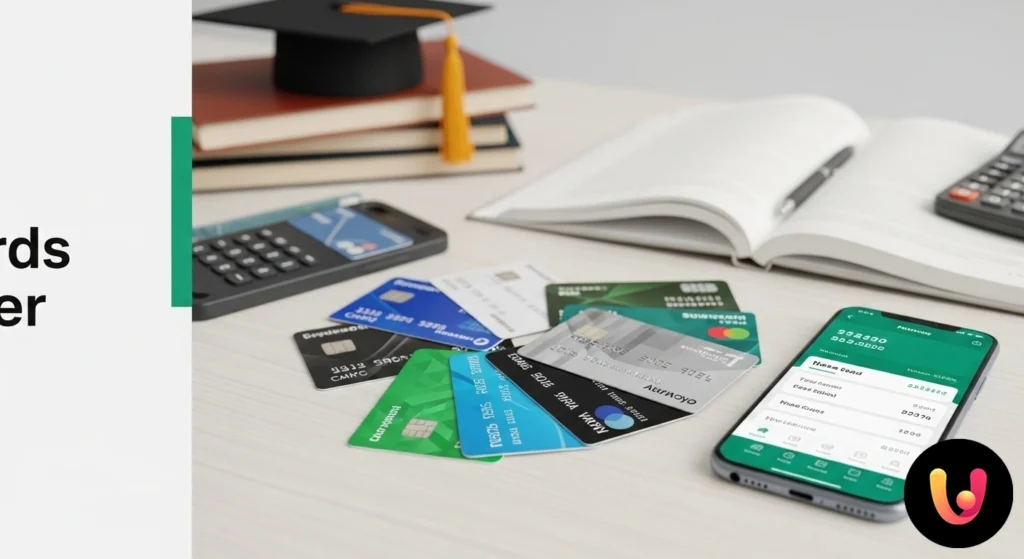 Student zâmbitor care efectuează o achiziție online cu un card preplătit, ținând în mână telefonul în fața unui laptop.