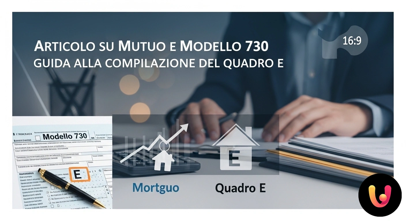 Guida alla compilazione del Quadro E per la detrazione degli interessi del mutuo nel Modello 730. Mani che indicano il quadro e del modello 730 accanto a una calcolatrice e ai documenti di un contratto di mutuo.