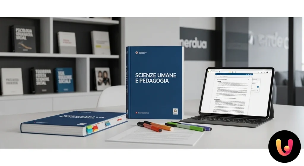Concorso Scienze Umane: Prove, Programmi e Tracce Tipo Candidato scrive un elaborato durante una prova selettiva, con libri di pedagogia e scienze umane visibili su una libreria.