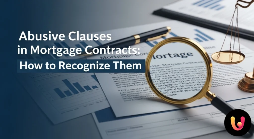 Persona analizando con una lupa la letra pequeña de un contrato hipotecario para la compra de una casa.