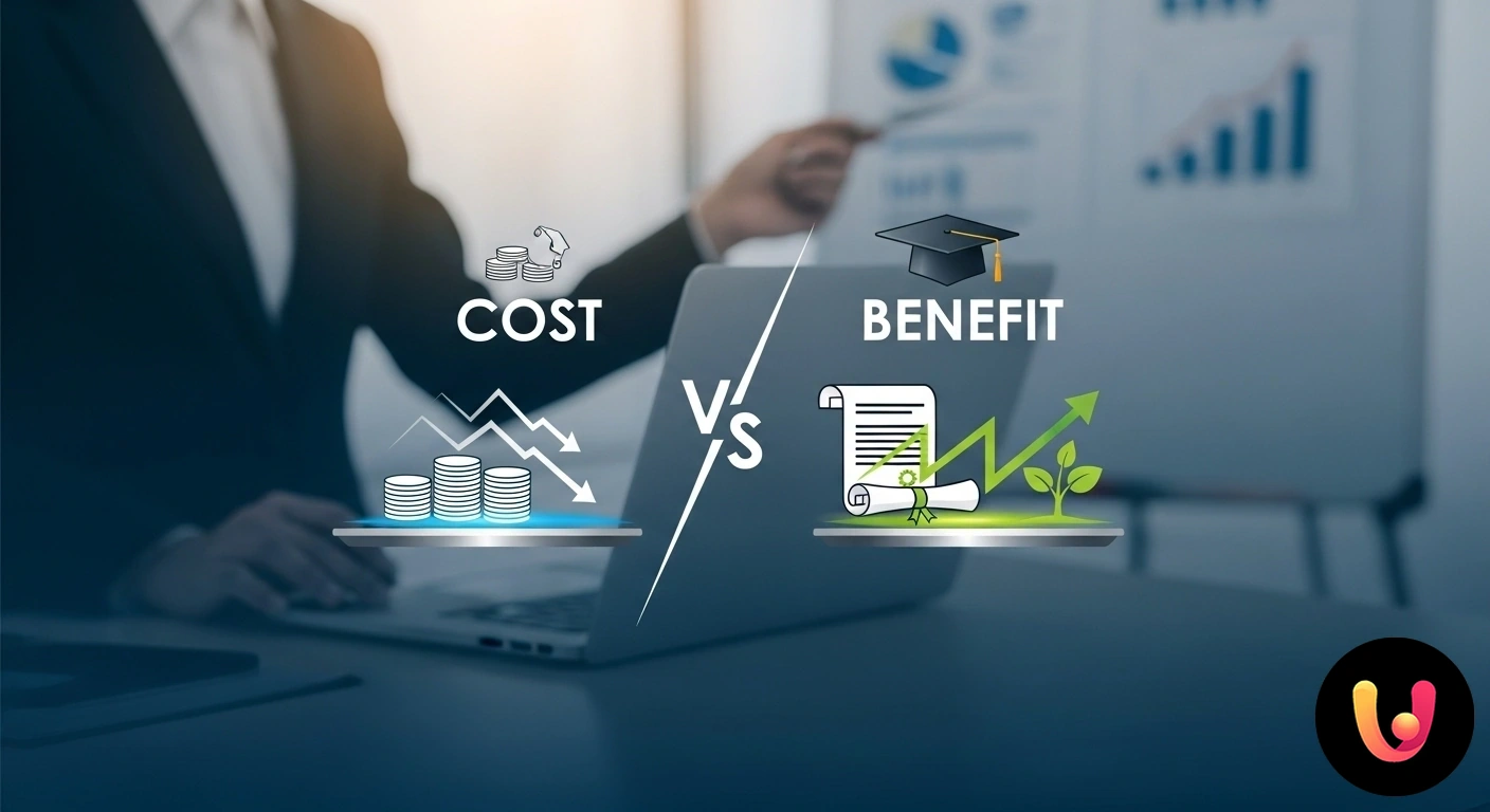 Scegliere master e certificazioni: guida all'analisi del costo e del beneficio formativo. Bilancia in equilibrio che soppesa un tocco di laurea su un piatto e una pila di monete sull'altro, a rappresentare l'analisi