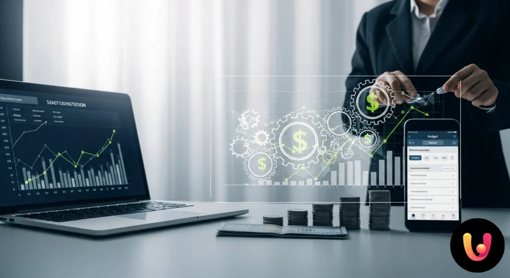 Meccanismo di ingranaggi che sposta monete da un portafoglio verso un salvadanaio e un grafico di investimenti in crescita.