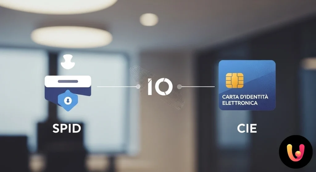 Logo dell'app io posizionato tra il logo di spid e quello della carta d'identit&agrave; elettronica (cie), a confronto.