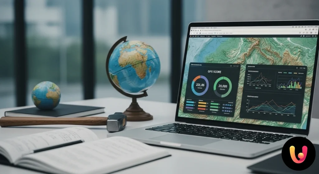 GPS Scienze della Terra: come scalare la graduatoria con Master e corsi Professionista delle scienze della terra in tenuta da campo analizza dati cartografici su un tablet in un ambiente montuoso.