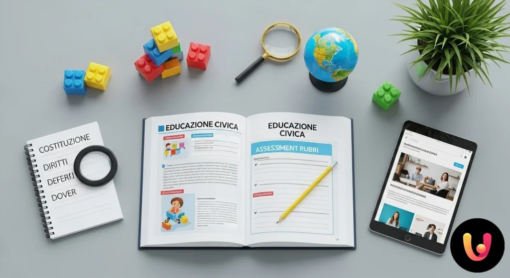 Educazione Civica Primaria: Guida a Curricolo e Valutazione Gruppo di alunni della scuola primaria collabora alla creazione di un cartellone con simboli di cittadinanza e comunità.