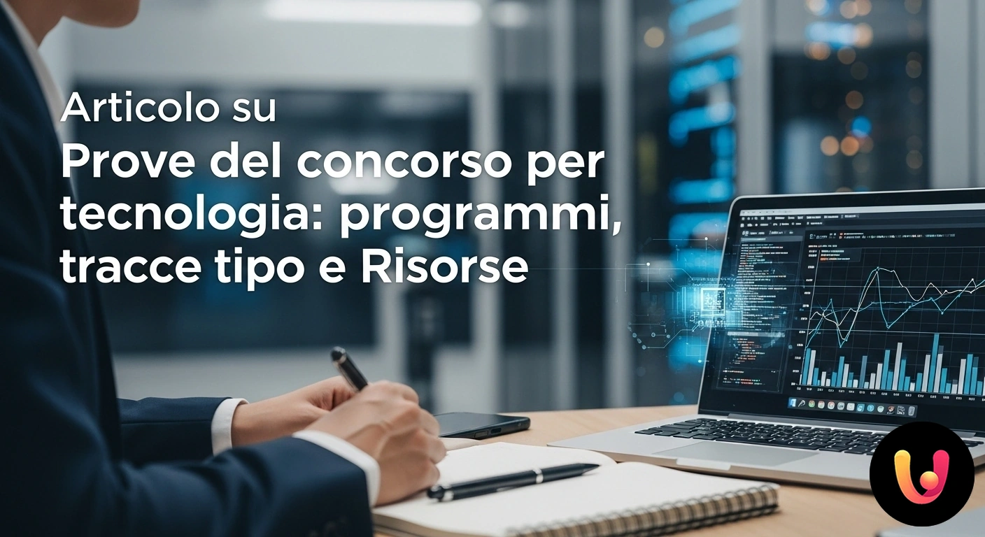 Concorso tecnologia: guida completa a programmi e prove d'esame Persona che studia su un laptop per un concorso, circondata da libri di testo e schemi tecnici su una scrivania.
